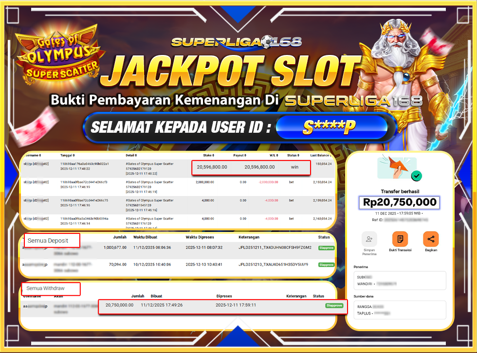 SUPERLIGA168 JACKPOT GATES OF OLYMPUS SUPER SCATTER Rp.20,750,000,LUNAS